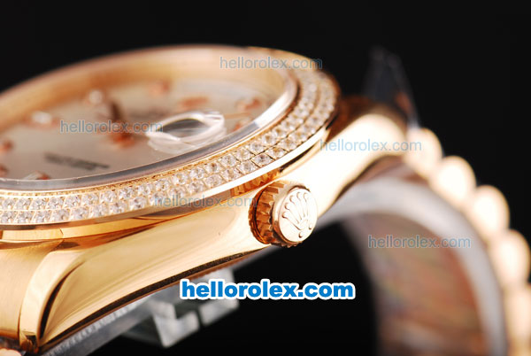Rolex Day Date II Automatic Movement Full Rose Gold with Double Row Diamond Bezel-Diamond Markers and Silver Dial - Click Image to Close